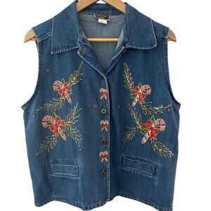Vintage Candy Cane‎ Sparkle Denim Button Down Sleeveless Top Size Small / Medium